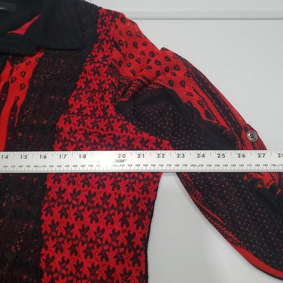 Caleoas Shirt Womens XL Red Black Lace Sheer Tunic Button Front 3/4 Sleeve Boho - Picture 6 of 8